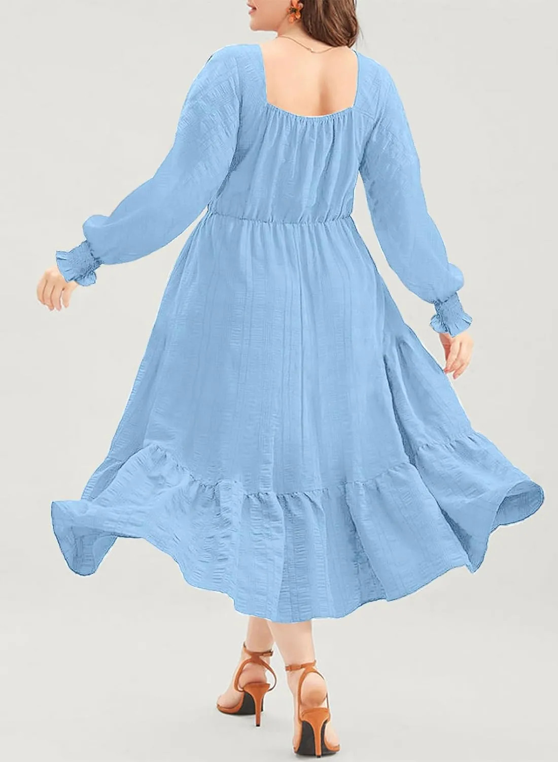 Eytino Plus Size Dress for Women Long Sleeve Sweetheart Neck Ruffle Long Maxi Dresses(1X-5X)