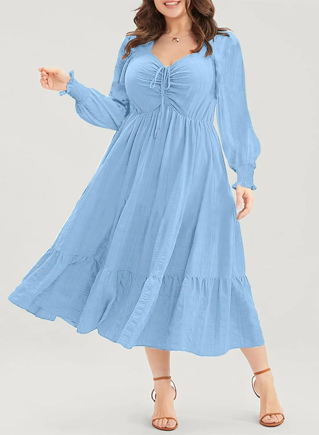 Eytino Plus Size Dress for Women Long Sleeve Sweetheart Neck Ruffle Long Maxi Dresses(1X-5X)