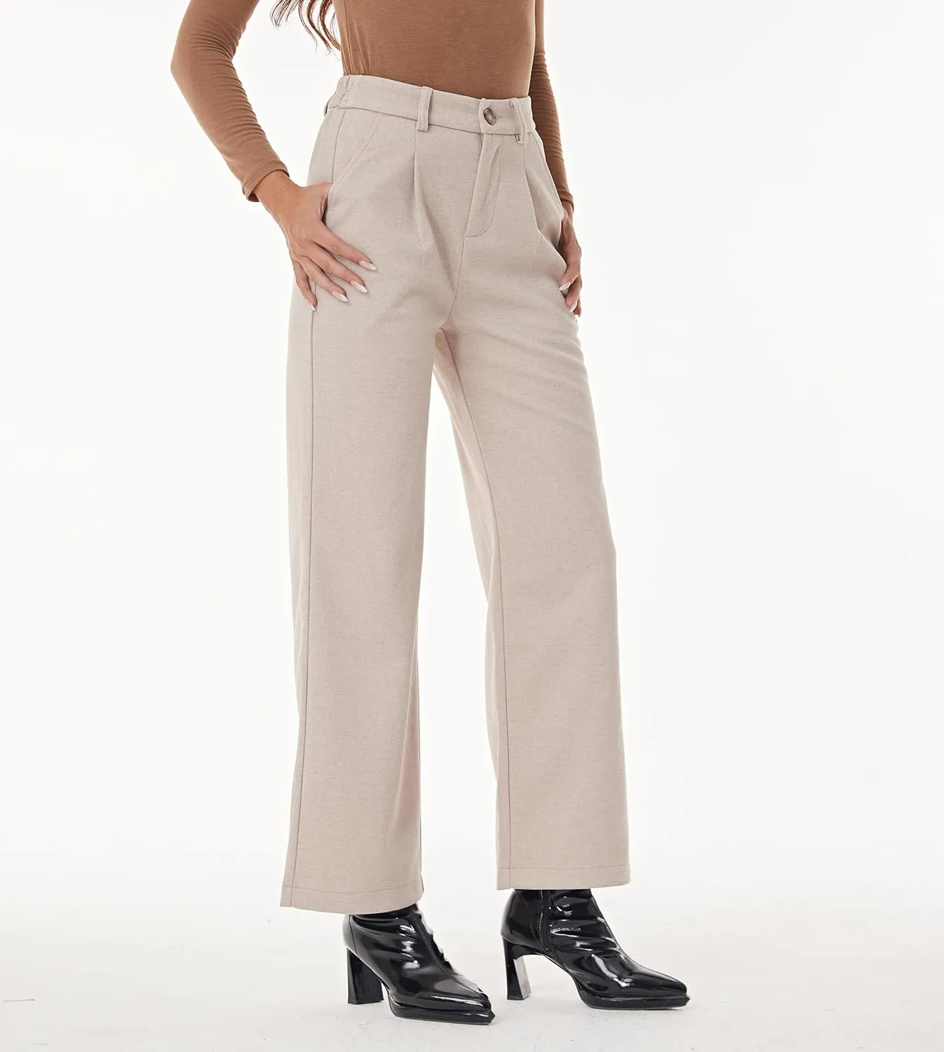 Fakanhui Women's Wool Blend Dress Pants Winter Warm Wide Leg High Waist Casual Work Slacks Trouser Pants
