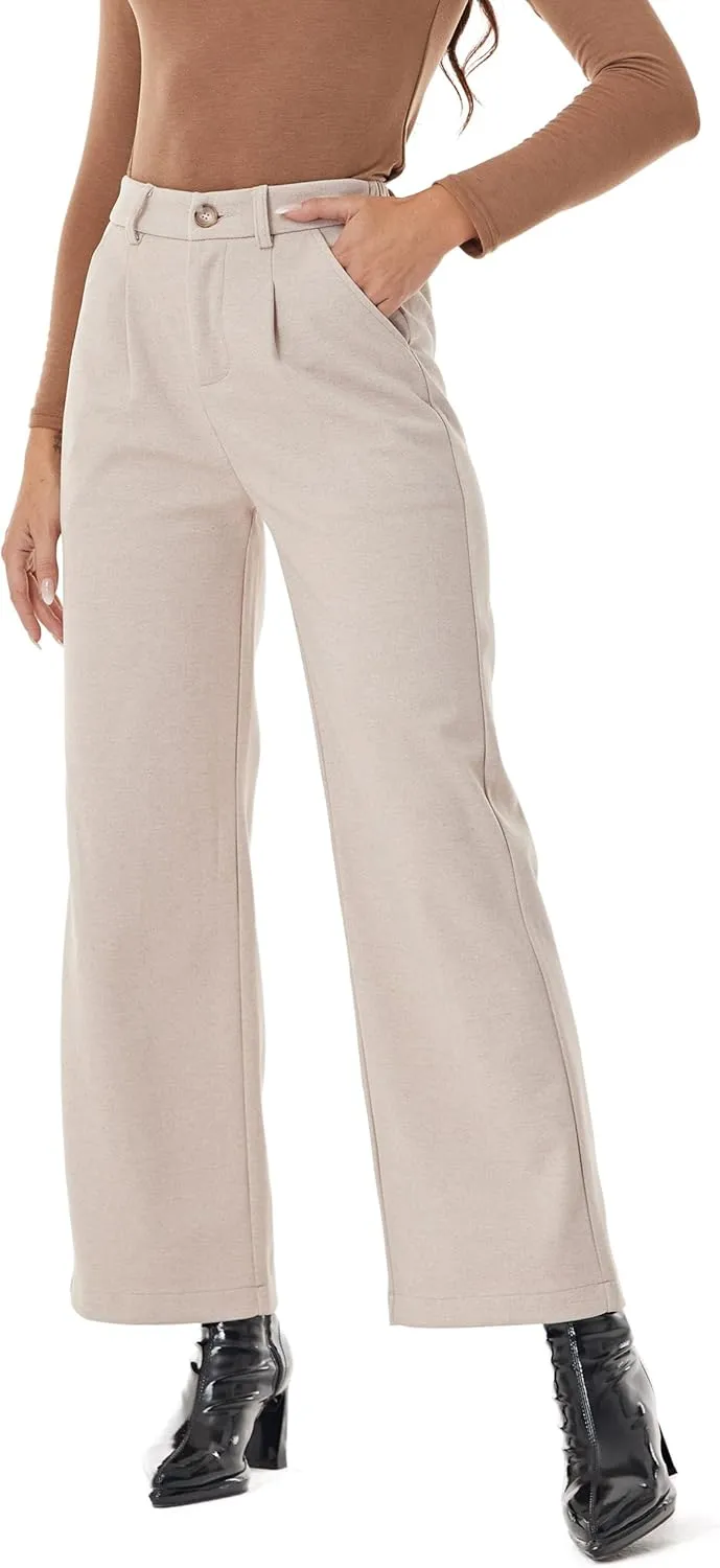 Fakanhui Women's Wool Blend Dress Pants Winter Warm Wide Leg High Waist Casual Work Slacks Trouser Pants