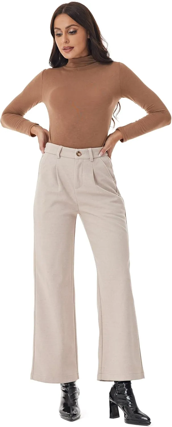 Fakanhui Women's Wool Blend Dress Pants Winter Warm Wide Leg High Waist Casual Work Slacks Trouser Pants