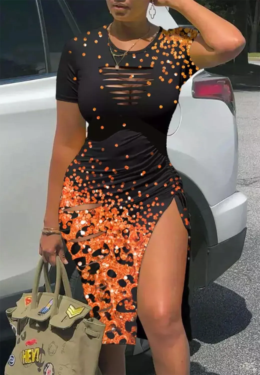 FECAFO Cut Out Hollow Out Ruched Slit Bodycon Dress for Women Sexy Side Slit Drawstring Club Party Short Sleeve Midi Dresses