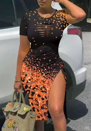 FECAFO Cut Out Hollow Out Ruched Slit Bodycon Dress for Women Sexy Side Slit Drawstring Club Party Short Sleeve Midi Dresses