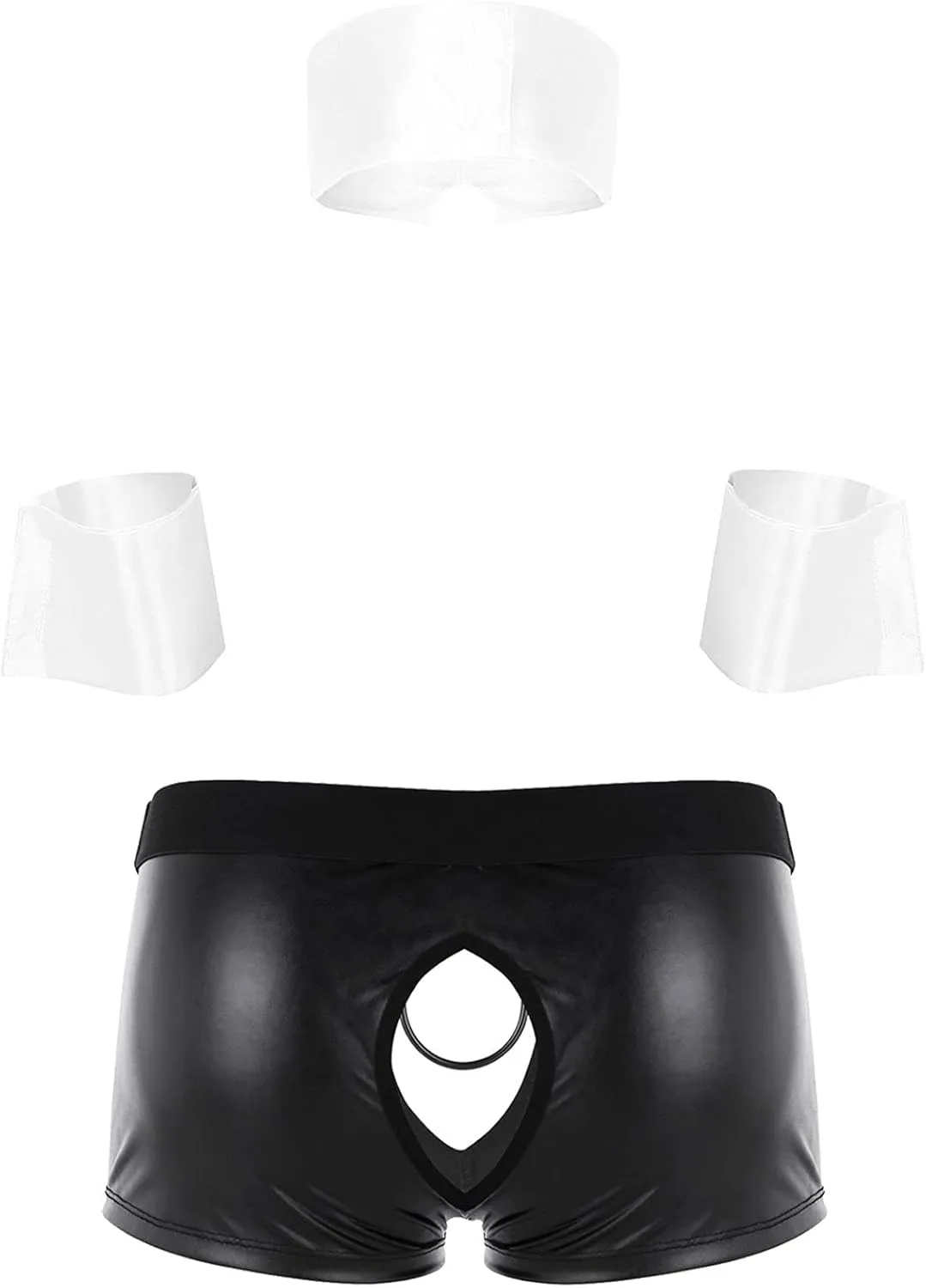 FEESHOW Mens Waiter Cosplay Costumes 3Pcs Lingerie Set Collar Cuffs with Leather Boxer Briefs Underwear