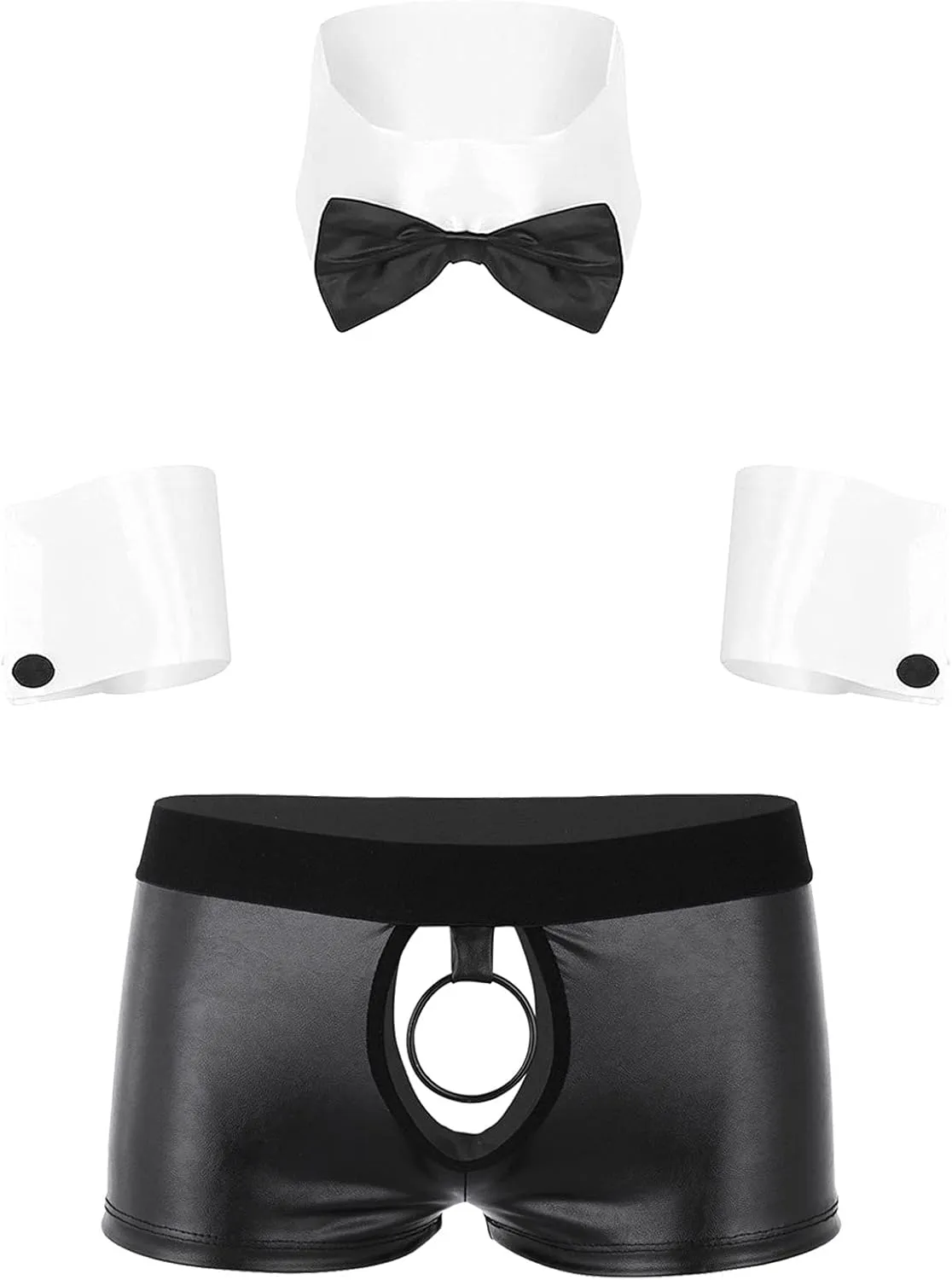 FEESHOW Mens Waiter Cosplay Costumes 3Pcs Lingerie Set Collar Cuffs with Leather Boxer Briefs Underwear