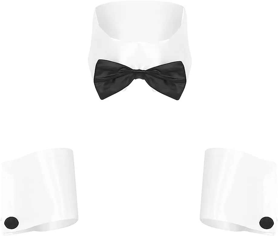 FEESHOW Mens Waiter Cosplay Costumes 3Pcs Lingerie Set Collar Cuffs with Leather Boxer Briefs Underwear