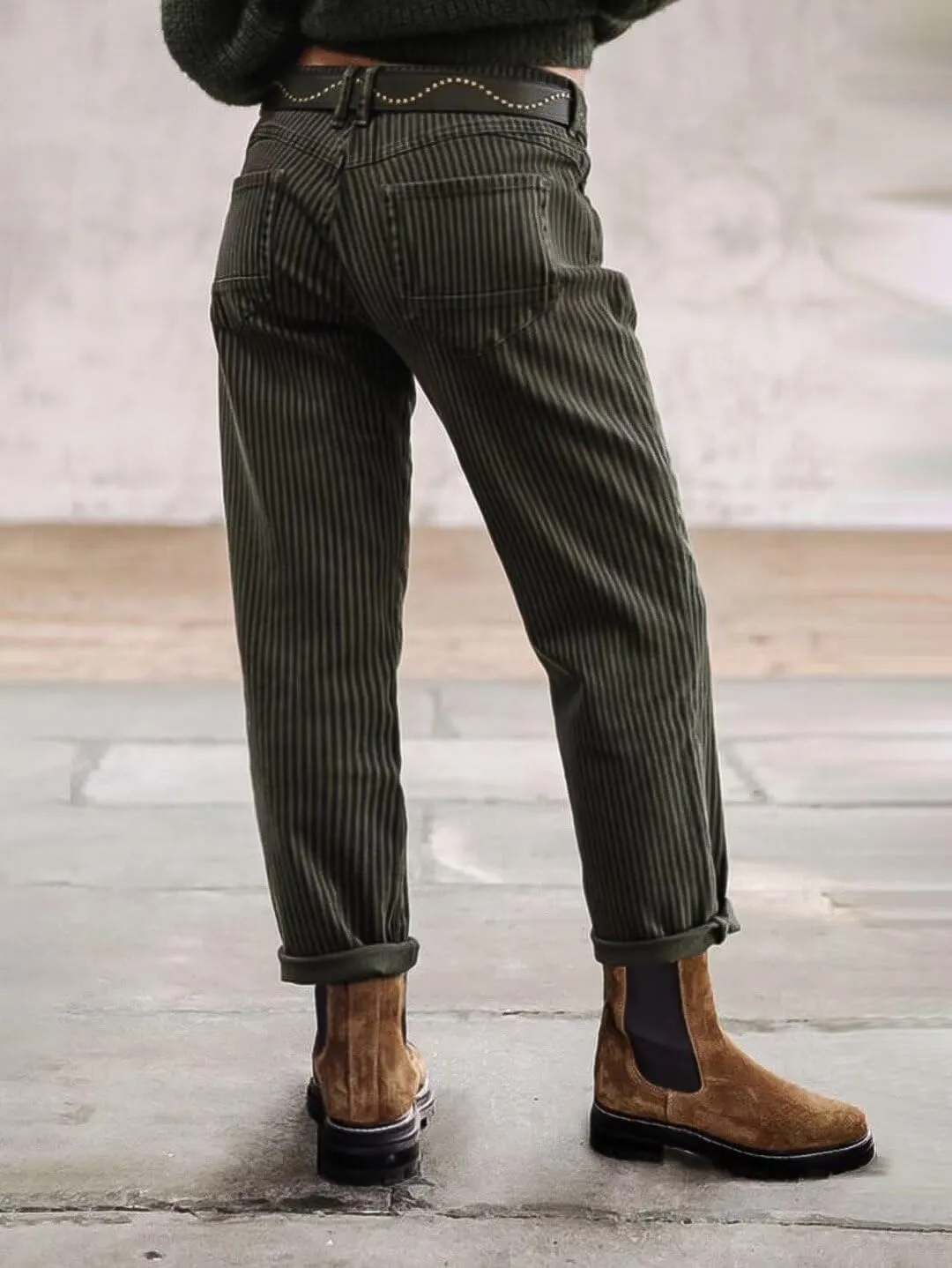 Flamingals Straight Leg Mid Waist Vintage Cropped Stripe Barrel Stretchy Jeans Without Belt