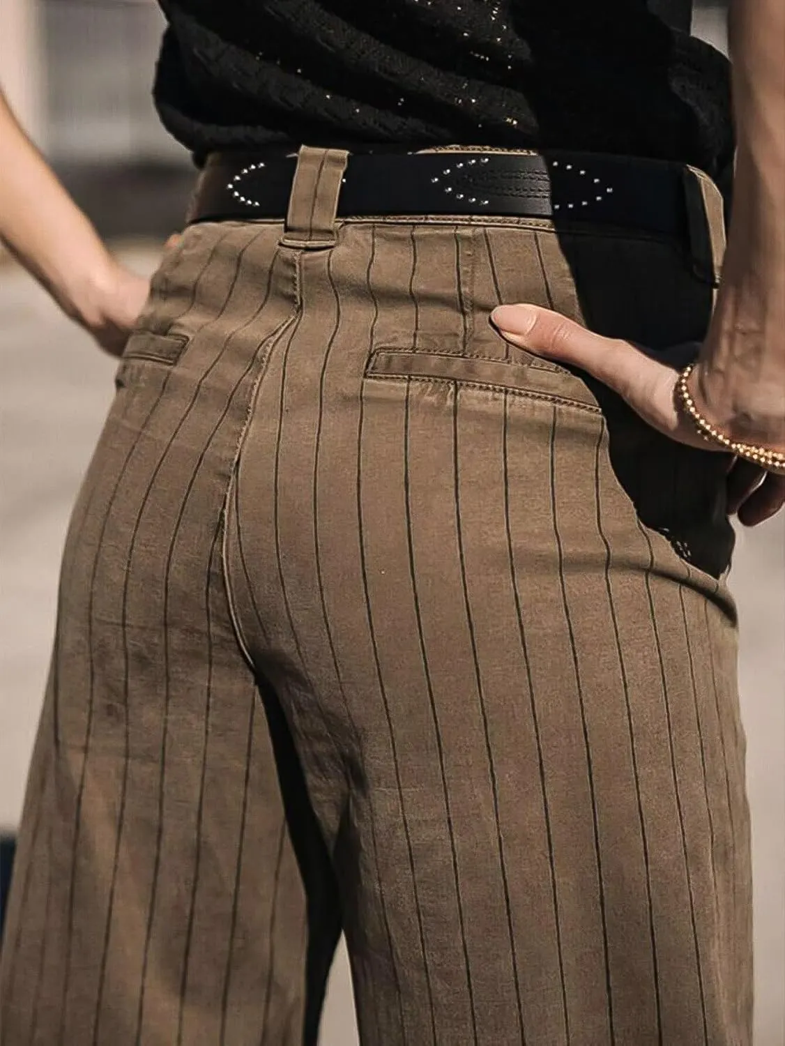 Flamingals Straight Leg Mid Waist Vintage Cropped Stripe Barrel Stretchy Jeans Without Belt