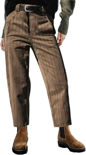 Flamingals Straight Leg Mid Waist Vintage Cropped Stripe Barrel Stretchy Jeans Without Belt