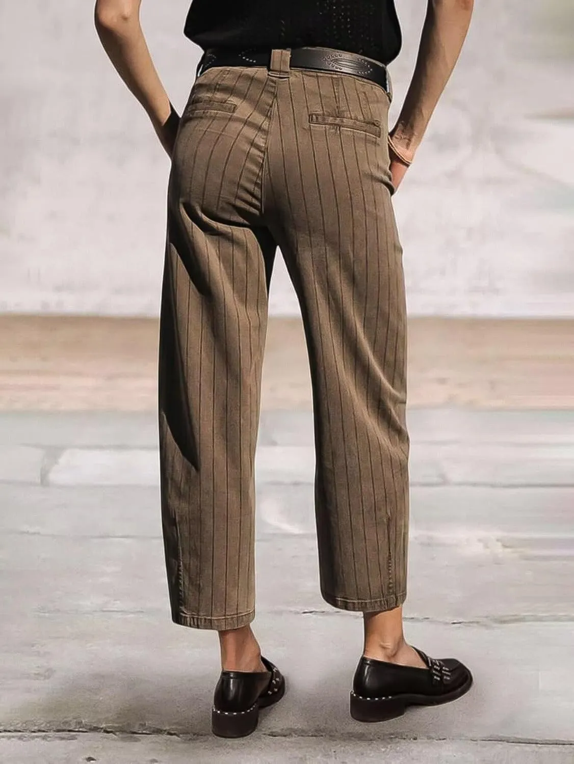 Flamingals Straight Leg Mid Waist Vintage Cropped Stripe Barrel Stretchy Jeans Without Belt