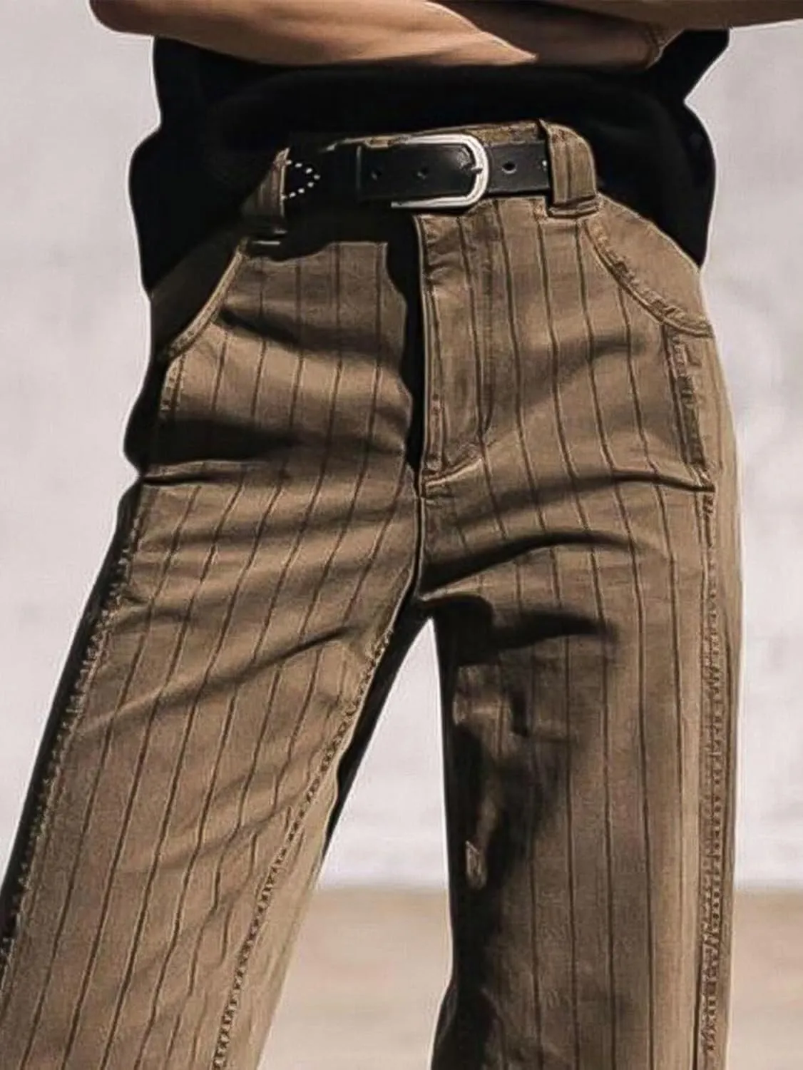 Flamingals Straight Leg Mid Waist Vintage Cropped Stripe Barrel Stretchy Jeans Without Belt