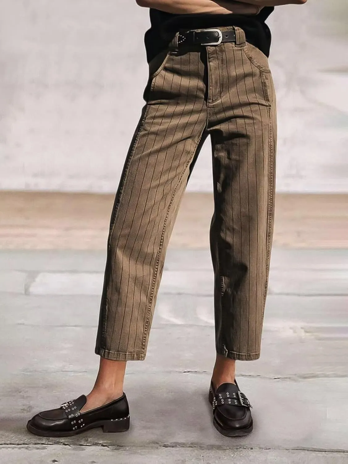 Flamingals Straight Leg Mid Waist Vintage Cropped Stripe Barrel Stretchy Jeans Without Belt