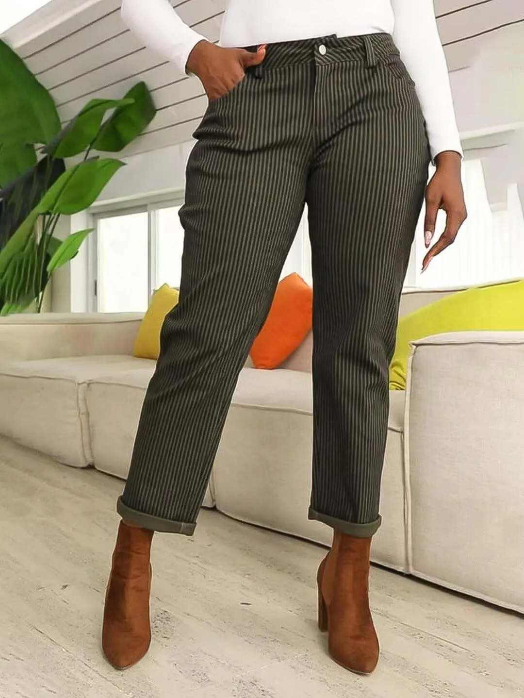 Flamingals Straight Leg Mid Waist Vintage Cropped Stripe Barrel Stretchy Jeans Without Belt