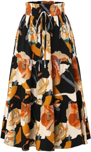 Floral Maxi Skirt for Women Summer Boho Tiered Elastic High Waisted Skirts Vacation A-Line Flowy Swing Long Skirts