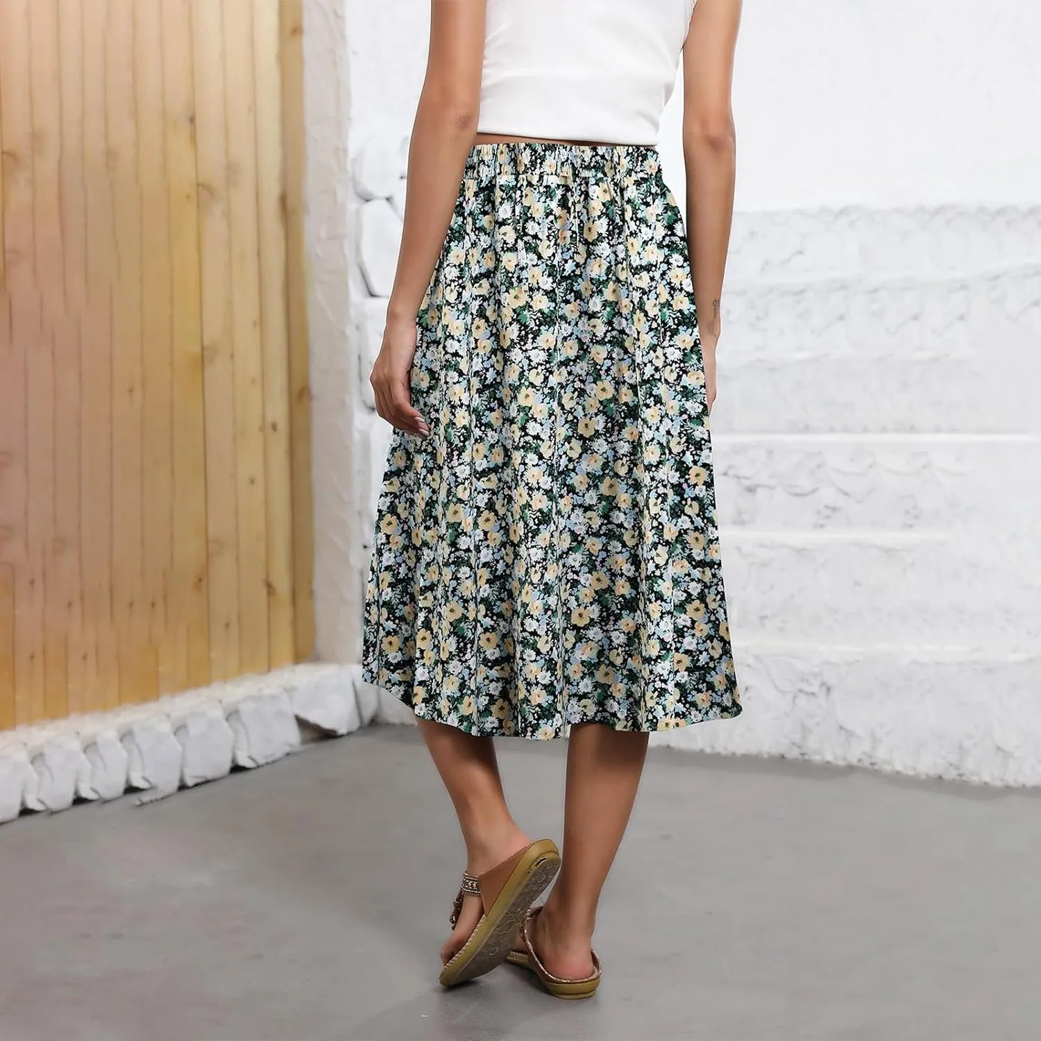Floral Midi Skirt Women Flowy Elastic High Waisted Ladies Drawstring Dressy Casual Beach Boho Skirt 2025