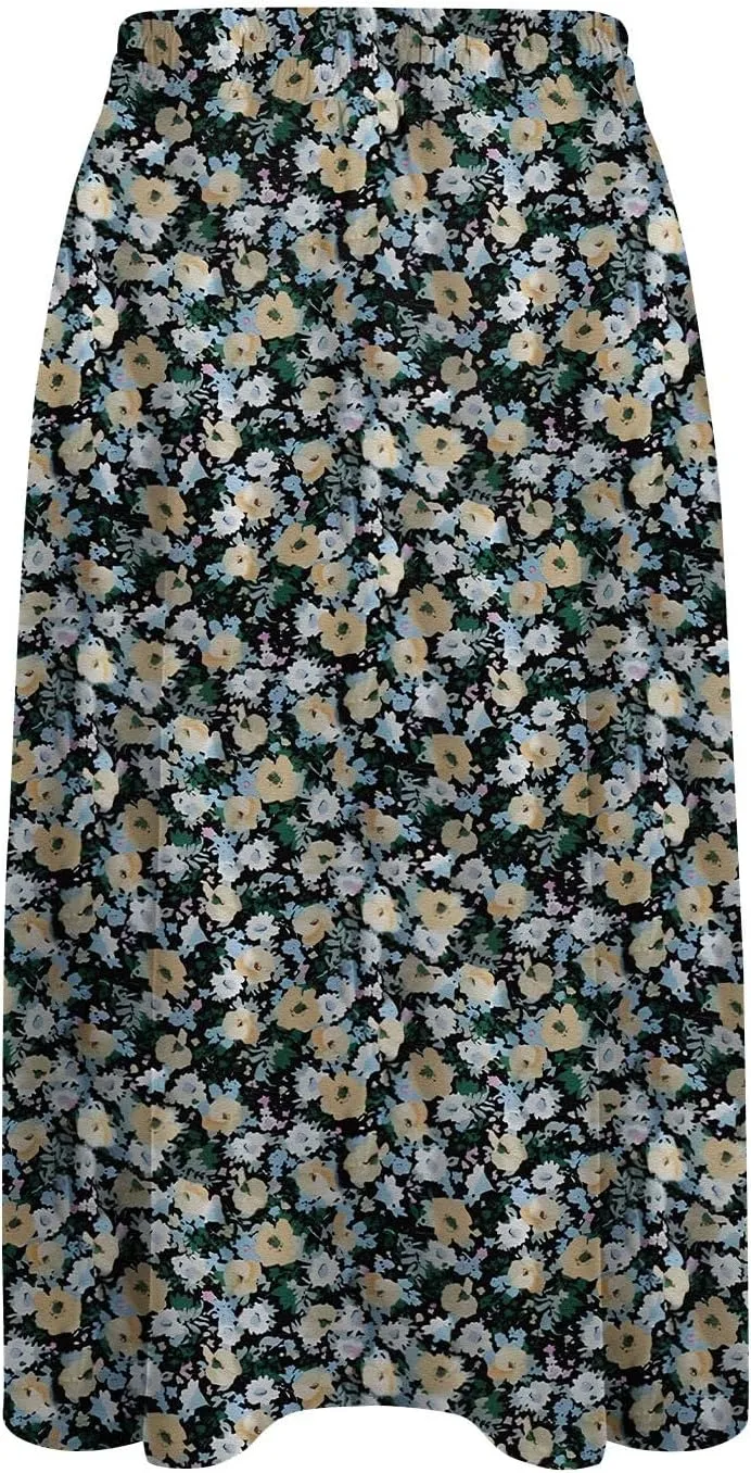 Floral Midi Skirt Women Flowy Elastic High Waisted Ladies Drawstring Dressy Casual Beach Boho Skirt 2025