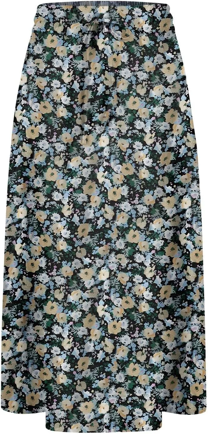 Floral Midi Skirt Women Flowy Elastic High Waisted Ladies Drawstring Dressy Casual Beach Boho Skirt 2025