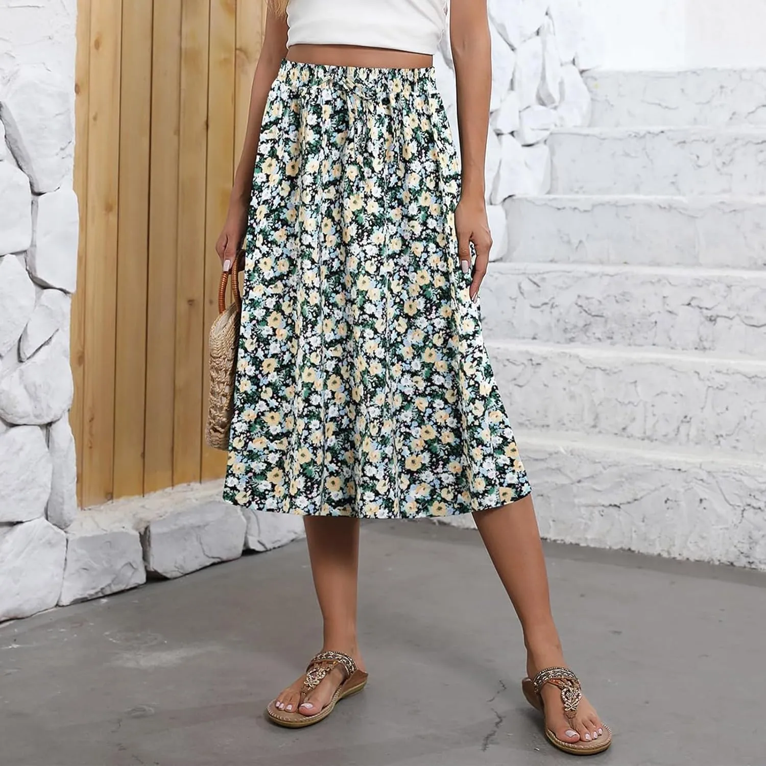 Floral Midi Skirt Women Flowy Elastic High Waisted Ladies Drawstring Dressy Casual Beach Boho Skirt 2025