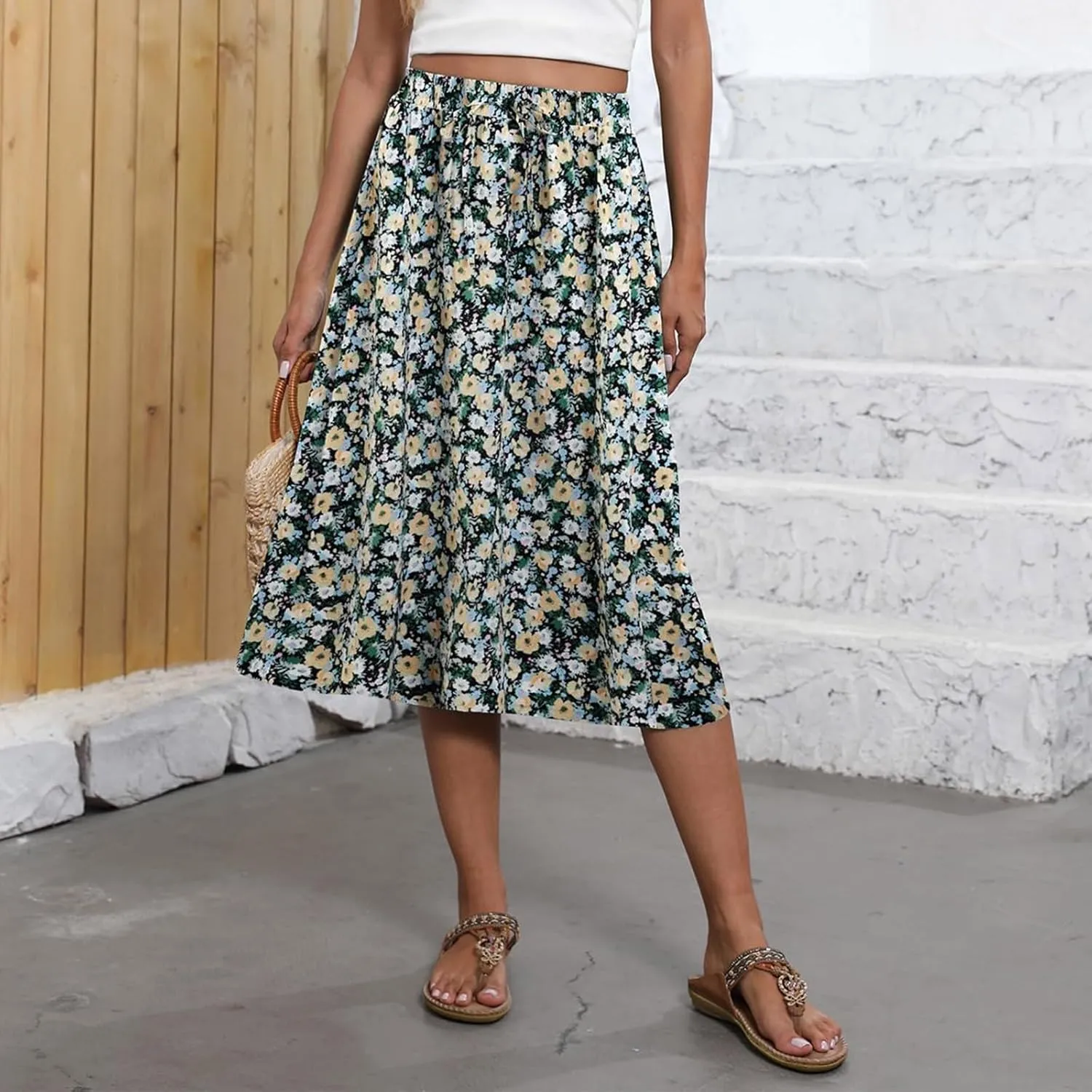 Floral Midi Skirt Women Flowy Elastic High Waisted Ladies Drawstring Dressy Casual Beach Boho Skirt 2025