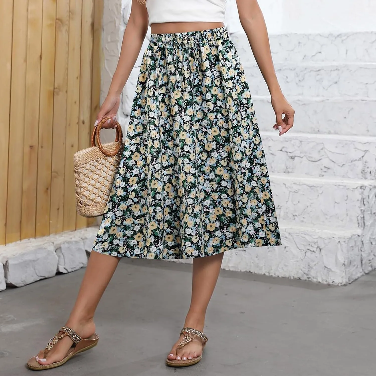 Floral Midi Skirt Women Flowy Elastic High Waisted Ladies Drawstring Dressy Casual Beach Boho Skirt 2025