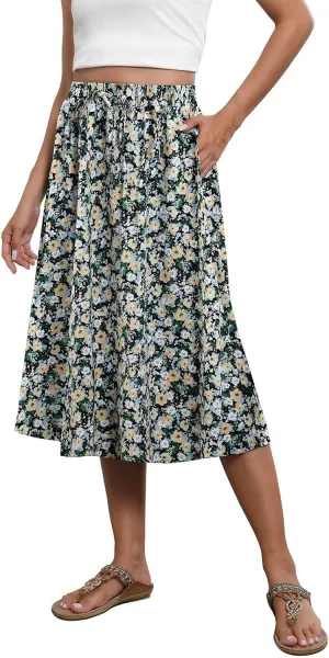 Floral Midi Skirt Women Flowy Elastic High Waisted Ladies Drawstring Dressy Casual Beach Boho Skirt 2025