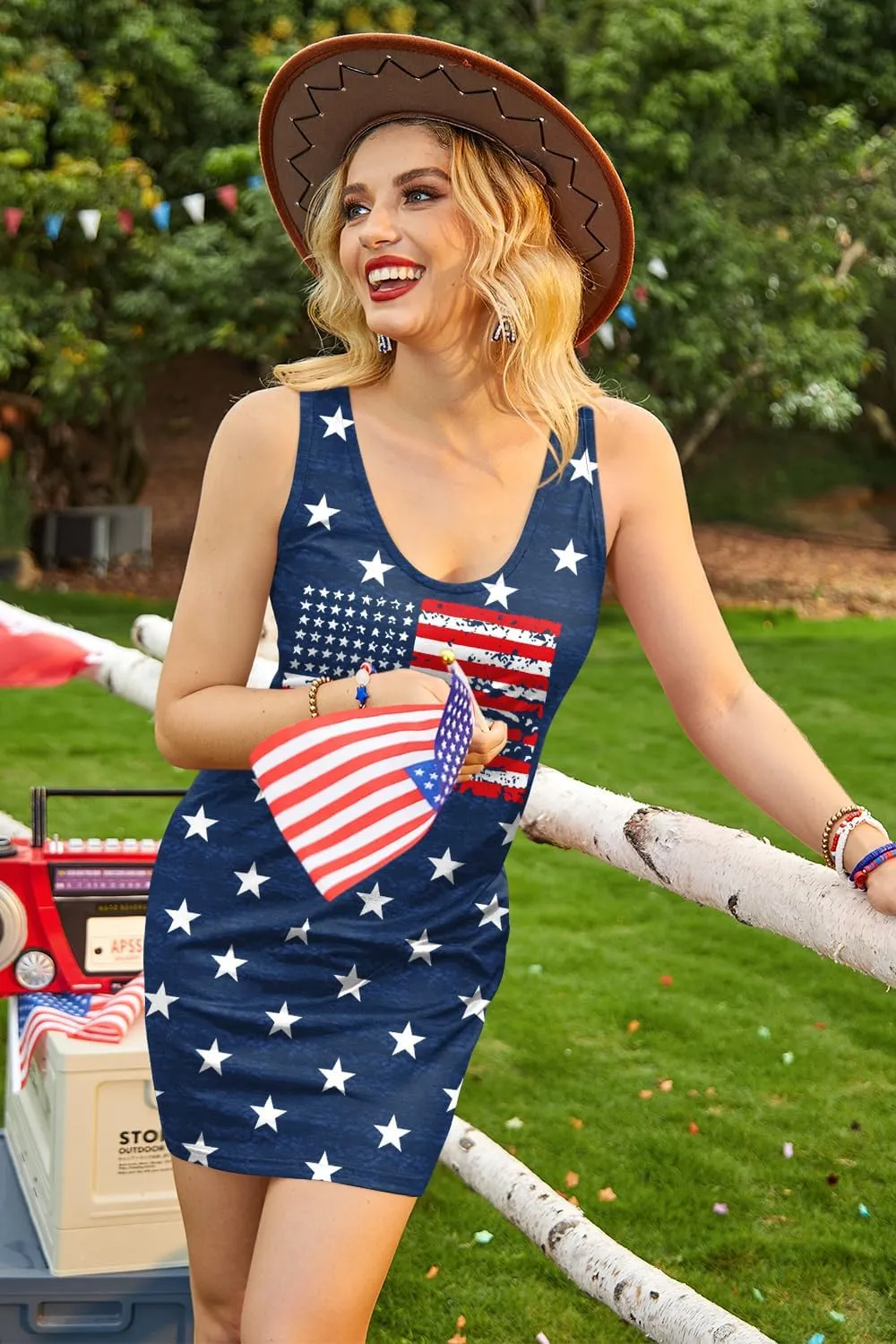 For G and PL Women 4th of July American Flag Tank Dress Deep V Neck Stars Stripe Mini Patriotic Sleeveless Sundress