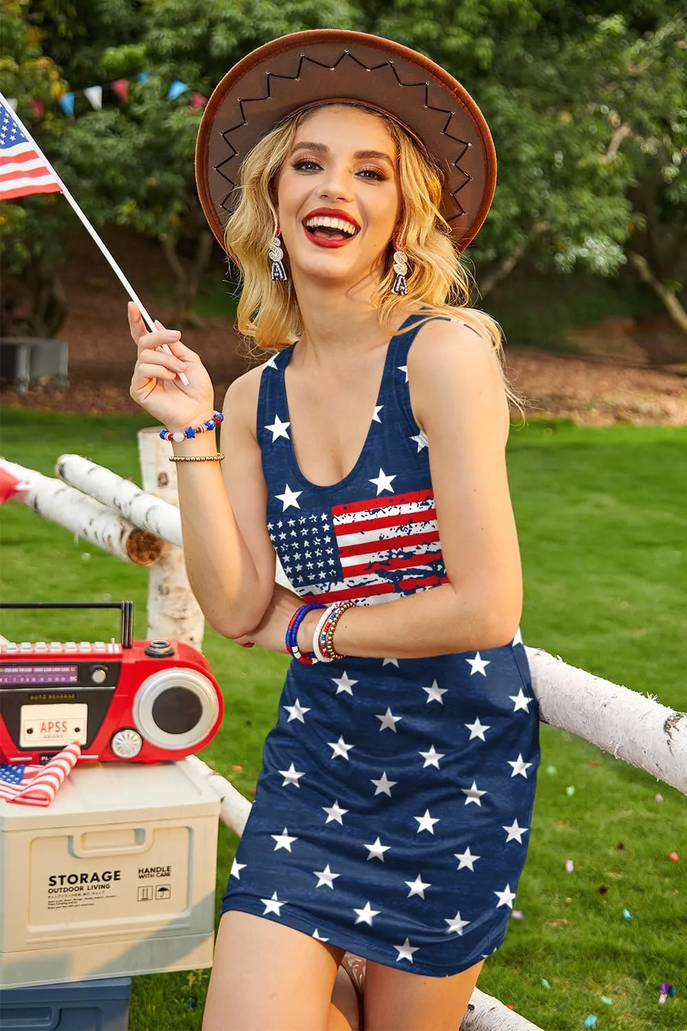 For G and PL Women 4th of July American Flag Tank Dress Deep V Neck Stars Stripe Mini Patriotic Sleeveless Sundress