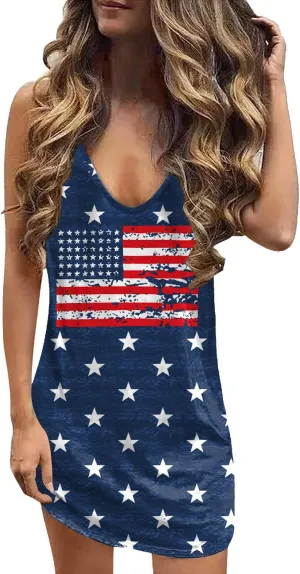 For G and PL Women 4th of July American Flag Tank Dress Deep V Neck Stars Stripe Mini Patriotic Sleeveless Sundress