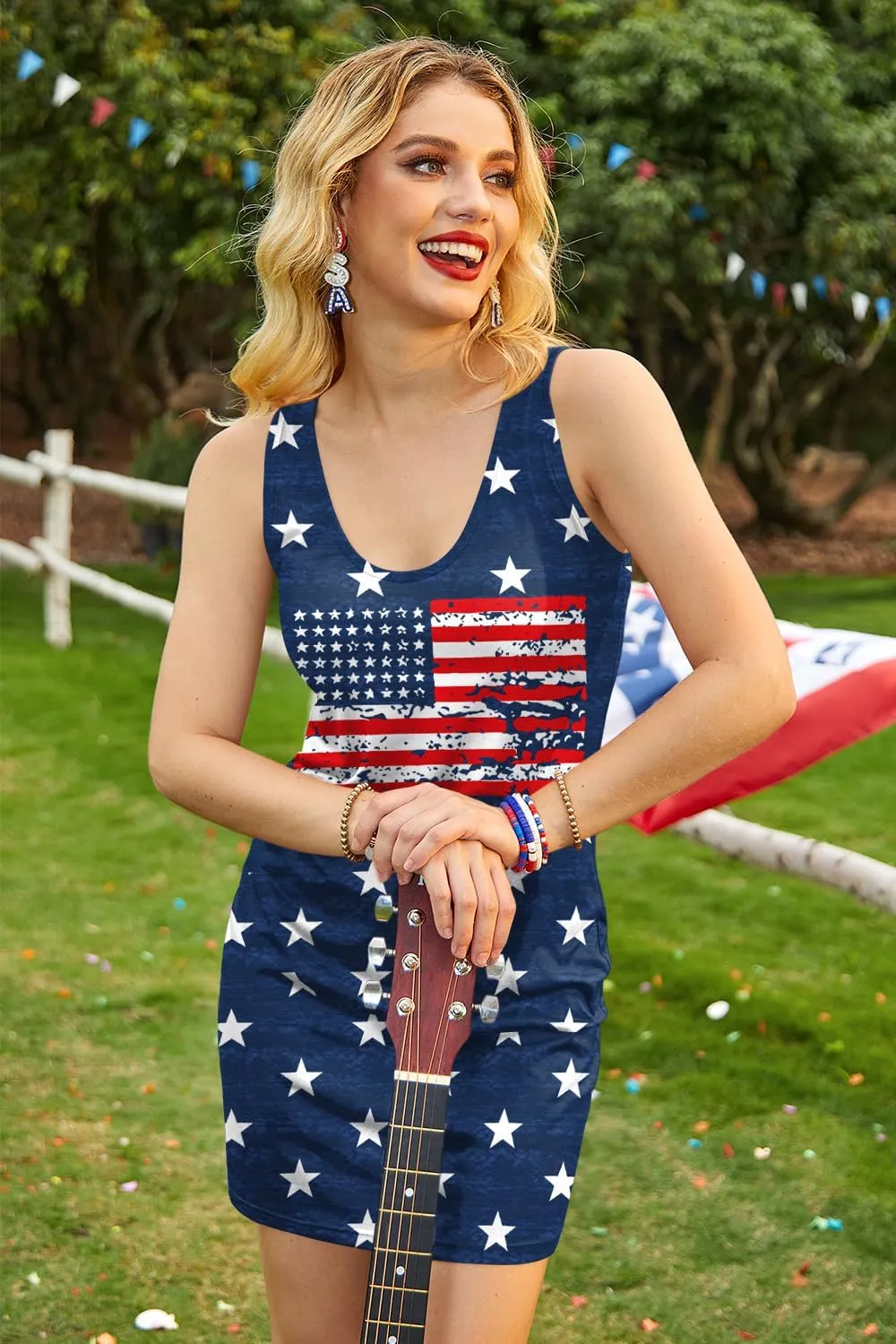 For G and PL Women 4th of July American Flag Tank Dress Deep V Neck Stars Stripe Mini Patriotic Sleeveless Sundress