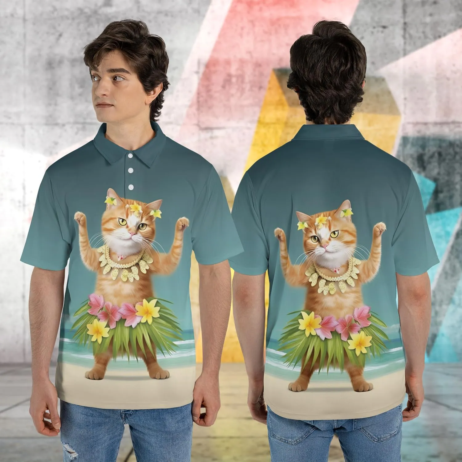 Funny Cat Polo Shirts for Men - Galaxy Cat Mens Quick Dry Short Sleeve Polo Shirts Series 28