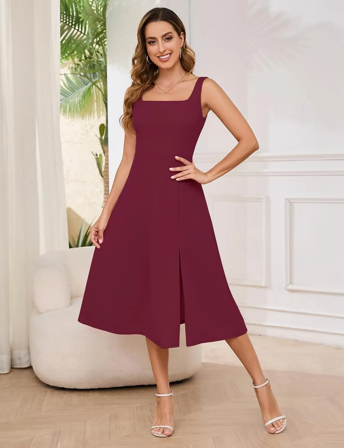 Gardenwed Womens Long Cocktail Dress Sleeveless Square Neck Summer Formal Wedding Guest Bridesmaid Swing Split Dresses