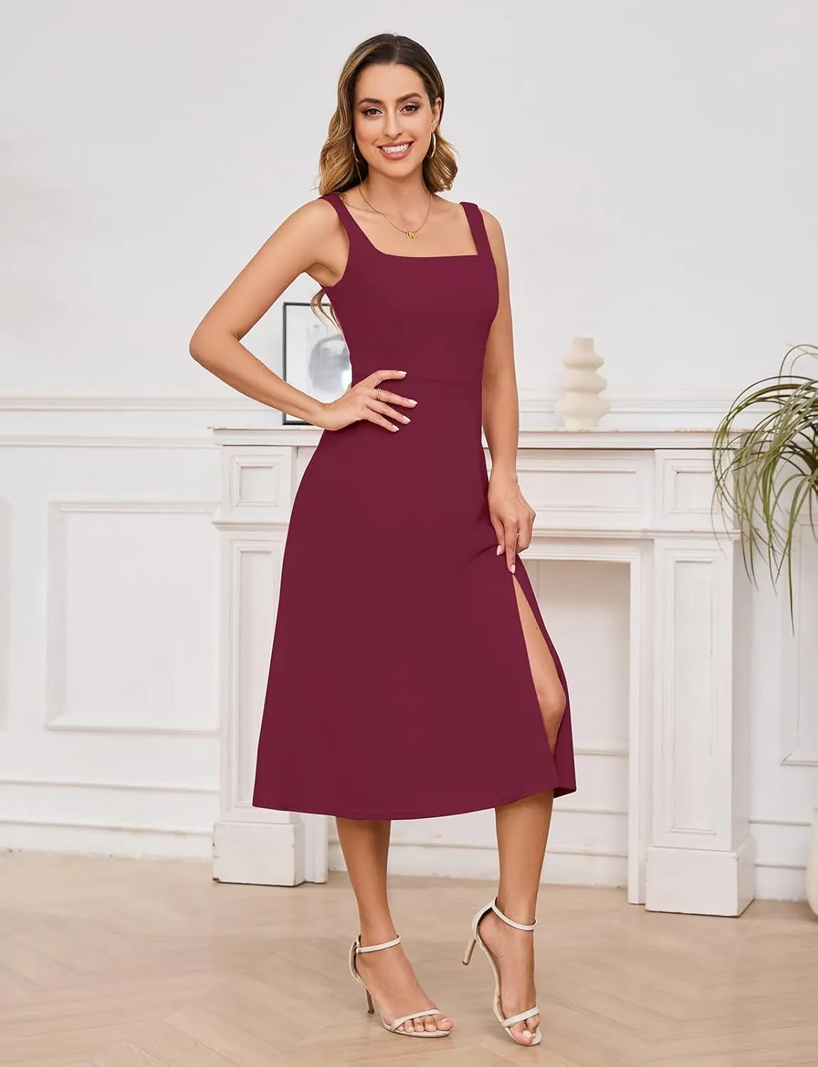 Gardenwed Womens Long Cocktail Dress Sleeveless Square Neck Summer Formal Wedding Guest Bridesmaid Swing Split Dresses