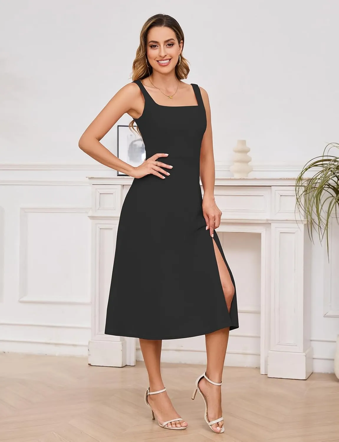 Gardenwed Womens Long Cocktail Dress Sleeveless Square Neck Summer Formal Wedding Guest Bridesmaid Swing Split Dresses