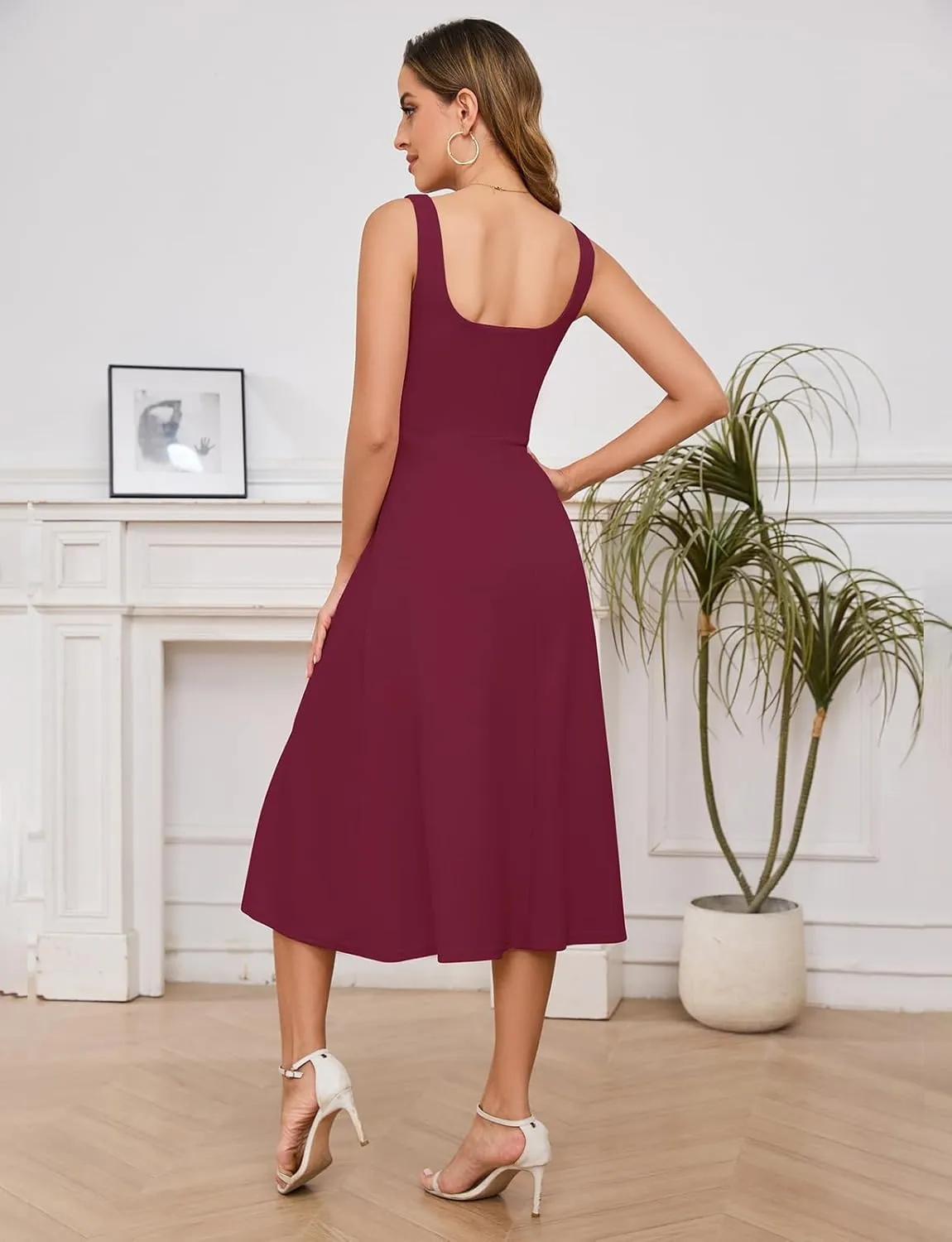 Gardenwed Womens Long Cocktail Dress Sleeveless Square Neck Summer Formal Wedding Guest Bridesmaid Swing Split Dresses