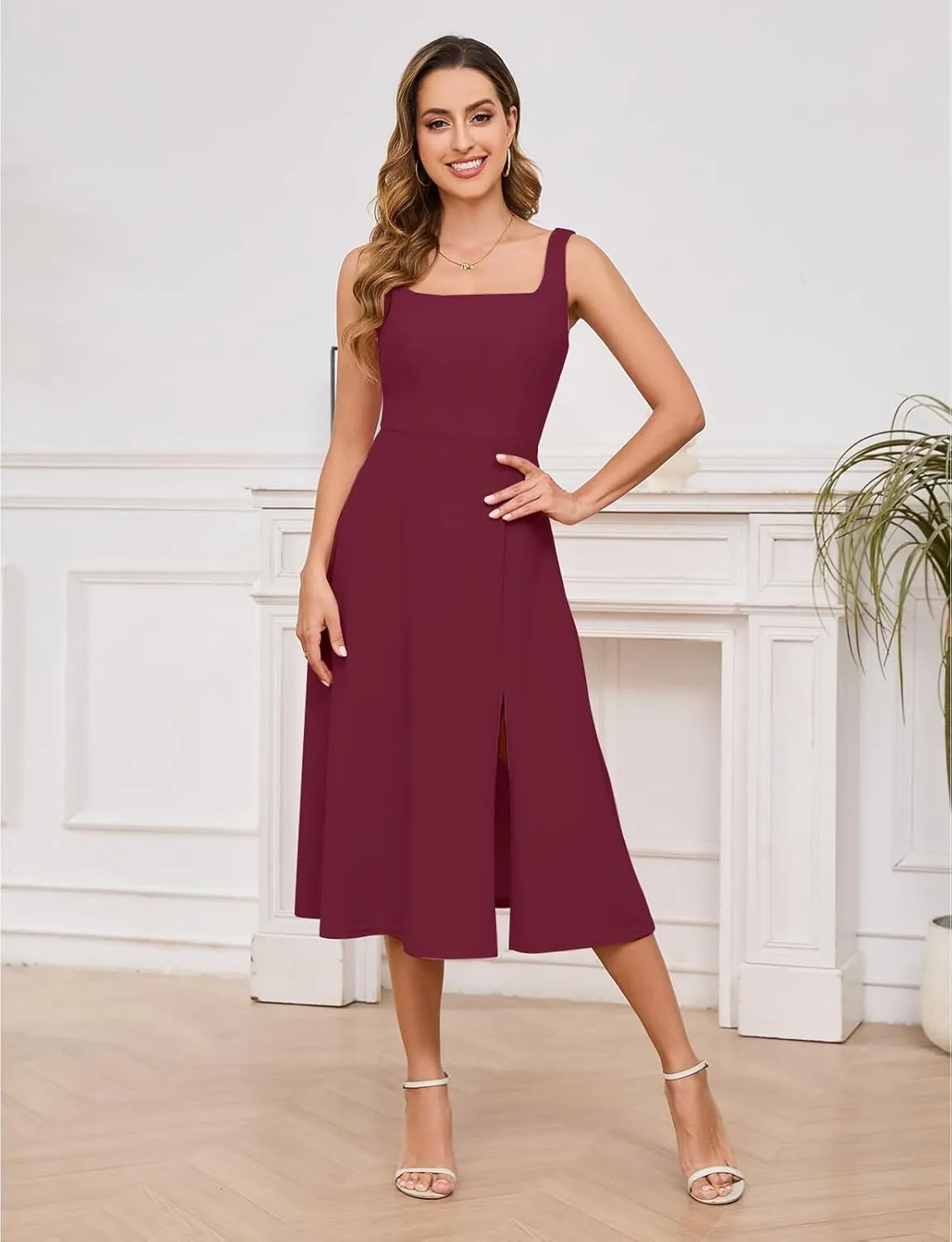 Gardenwed Womens Long Cocktail Dress Sleeveless Square Neck Summer Formal Wedding Guest Bridesmaid Swing Split Dresses