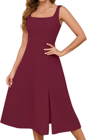 Gardenwed Womens Long Cocktail Dress Sleeveless Square Neck Summer Formal Wedding Guest Bridesmaid Swing Split Dresses