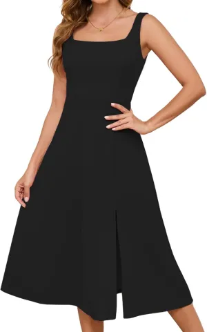 Gardenwed Womens Long Cocktail Dress Sleeveless Square Neck Summer Formal Wedding Guest Bridesmaid Swing Split Dresses
