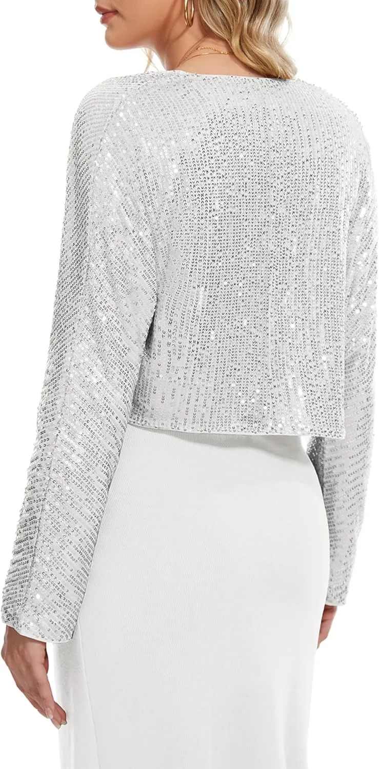 Genhoo Womens Sequin Bolero Shrug Long Sleeve Cropped Sparkly Cardigan Open Front Sequins Jackets for Dresses