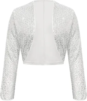 Genhoo Womens Sequin Bolero Shrug Long Sleeve Cropped Sparkly Cardigan Open Front Sequins Jackets for Dresses