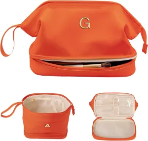 Gifts for Her - Initial Large Makeup Bags, Personalized Double Layer Cosmetic Bags with Makeup Brush Organizer, Waterproof PU Leather Travel Toiletry Bags for Wedding & Bridesmaid Gifts