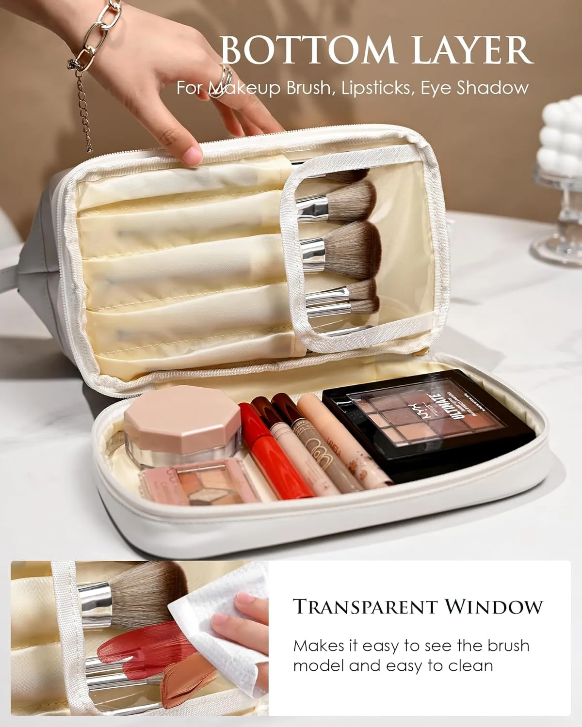 Gifts for Her - Initial Large Makeup Bags, Personalized Double Layer Cosmetic Bags with Makeup Brush Organizer, Waterproof PU Leather Travel Toiletry Bags for Wedding & Bridesmaid Gifts