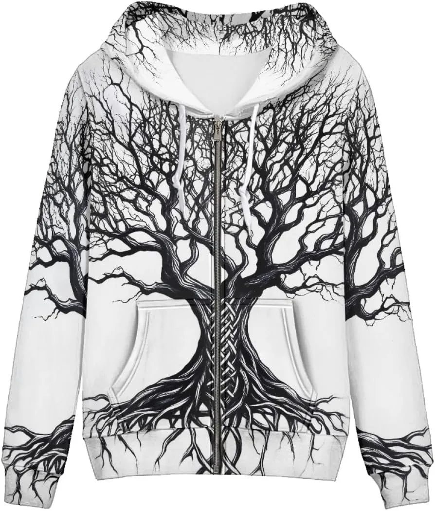 GLUDEAR Women Life Tree Graphic Print Zip Up Hoodies Novelty Viking Long Sleeve Hooded Sweatshirts Oversized Jackets