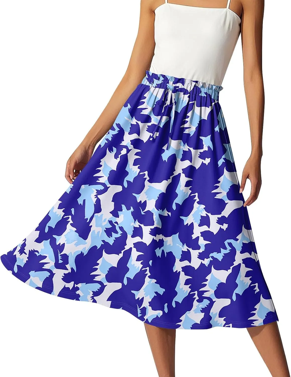 GOFULY Summer Skirts for Women 2025 Midi Length Floral Print A Line Boho Skirts Drawstring Elastic High Waist Smocked Skirt