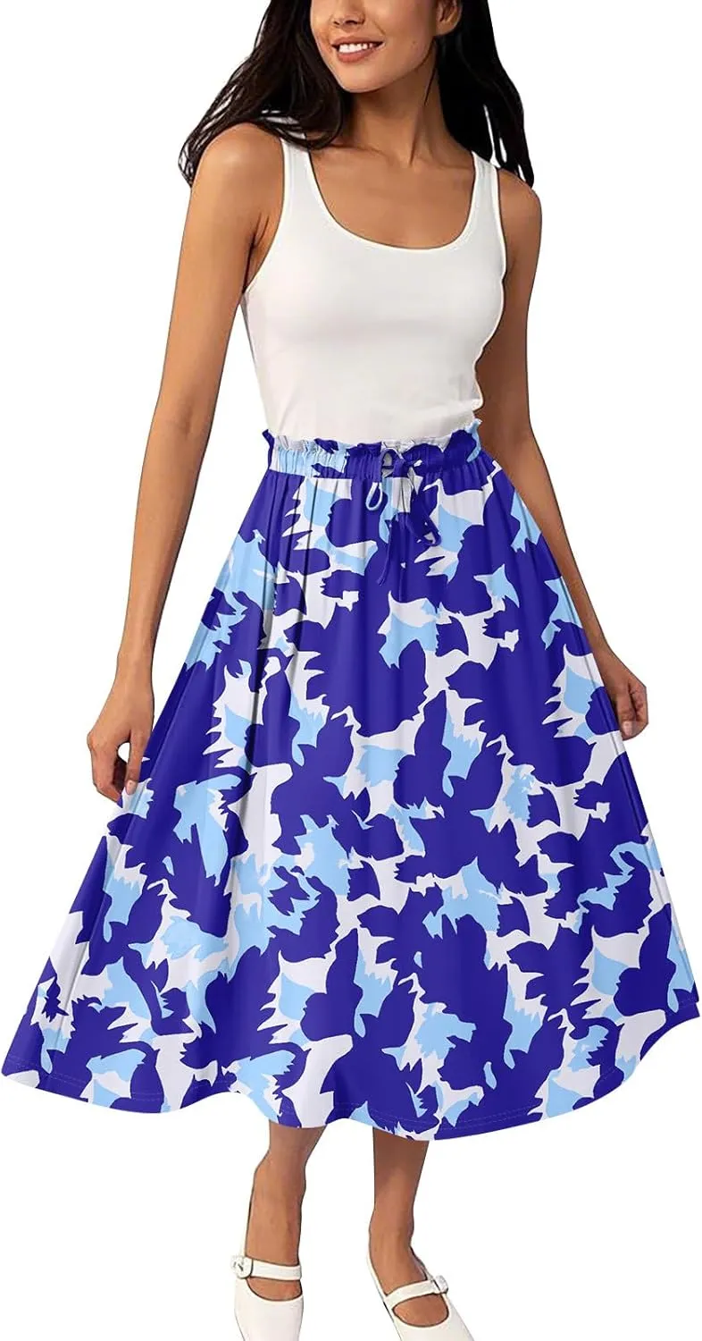 GOFULY Summer Skirts for Women 2025 Midi Length Floral Print A Line Boho Skirts Drawstring Elastic High Waist Smocked Skirt