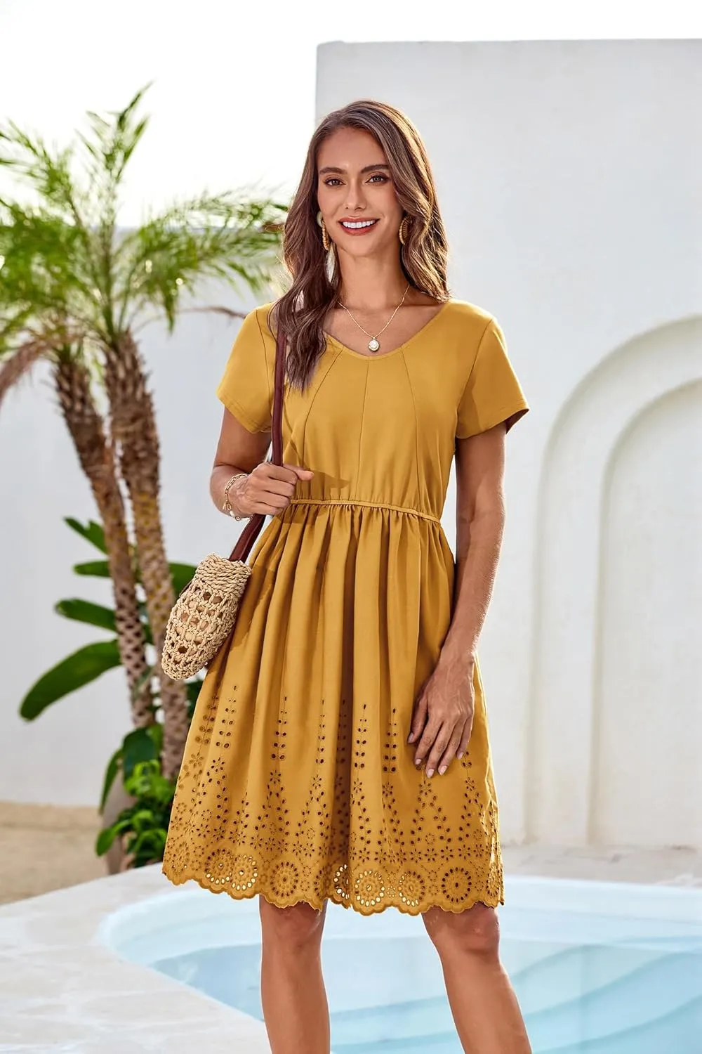 GRACE KARIN Women's Summer Short Sleeve Mini Dress V Neck A Line Casual Embroidery Vacation Beach Short Dresses with Pockets