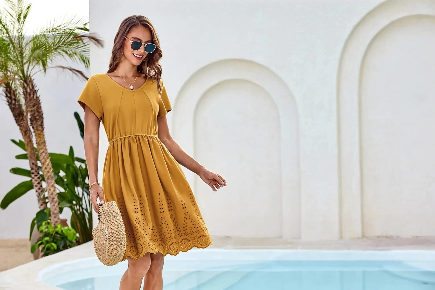 GRACE KARIN Women's Summer Short Sleeve Mini Dress V Neck A Line Casual Embroidery Vacation Beach Short Dresses with Pockets