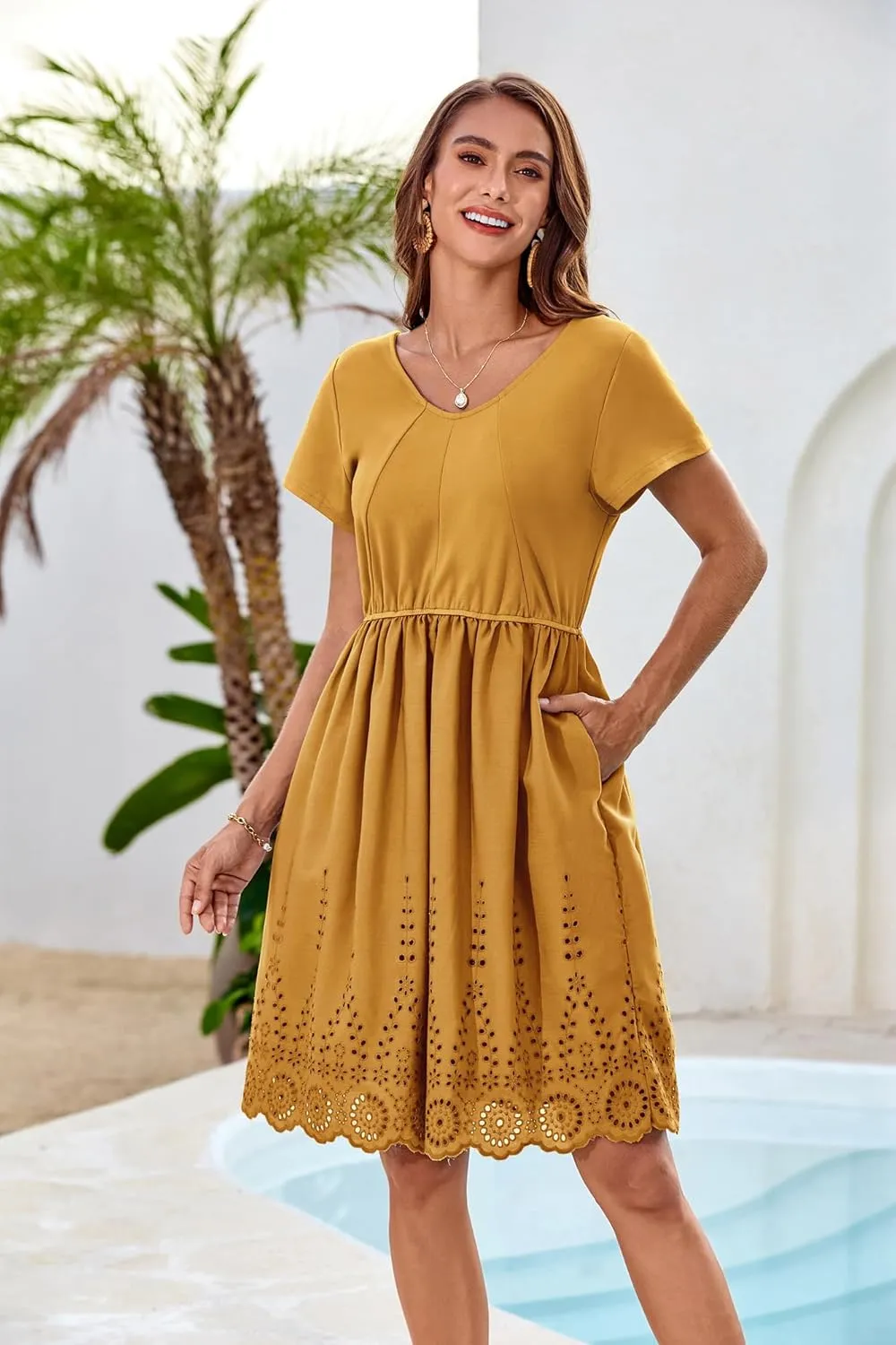 GRACE KARIN Women's Summer Short Sleeve Mini Dress V Neck A Line Casual Embroidery Vacation Beach Short Dresses with Pockets