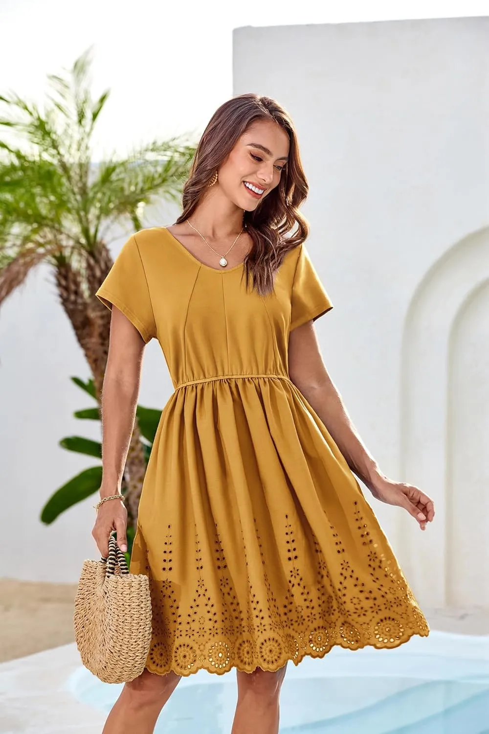 GRACE KARIN Women's Summer Short Sleeve Mini Dress V Neck A Line Casual Embroidery Vacation Beach Short Dresses with Pockets
