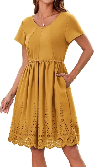 GRACE KARIN Women's Summer Short Sleeve Mini Dress V Neck A Line Casual Embroidery Vacation Beach Short Dresses with Pockets