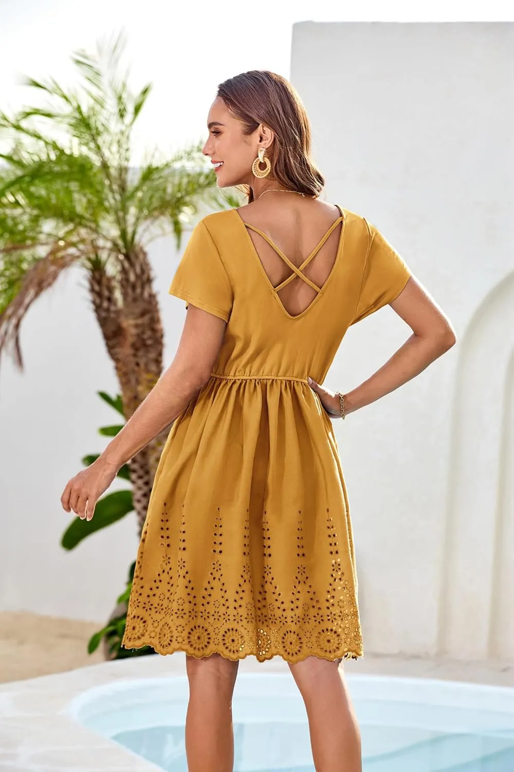 GRACE KARIN Women's Summer Short Sleeve Mini Dress V Neck A Line Casual Embroidery Vacation Beach Short Dresses with Pockets